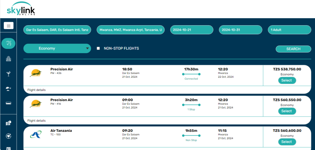 Go and return ticket booking from Dar es salaam to Mwanza options on skylinkonline website.